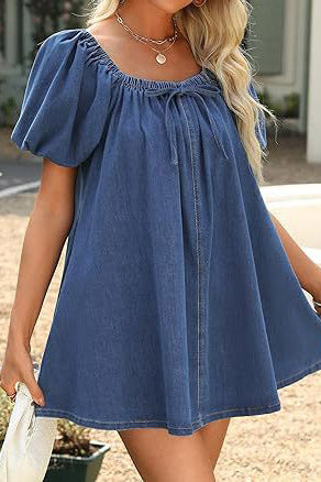 Bubble Sleeve Square Neck Denim Babydoll Dress Lavish Daily