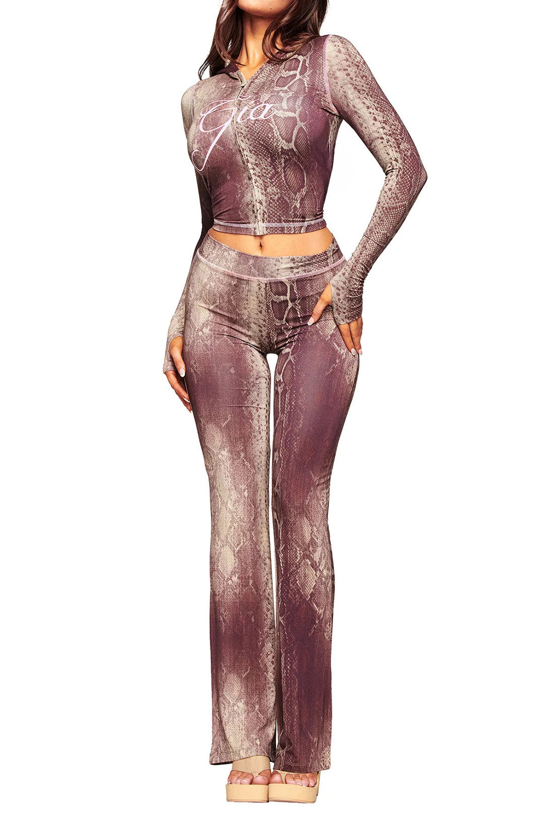 Snake Print Zip Crop & Flare Set Lavish Daily