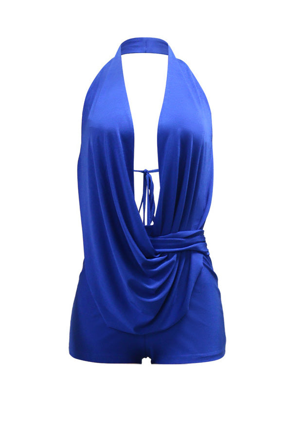 Draped Plunging Halter Backless Romper Lavish Daily