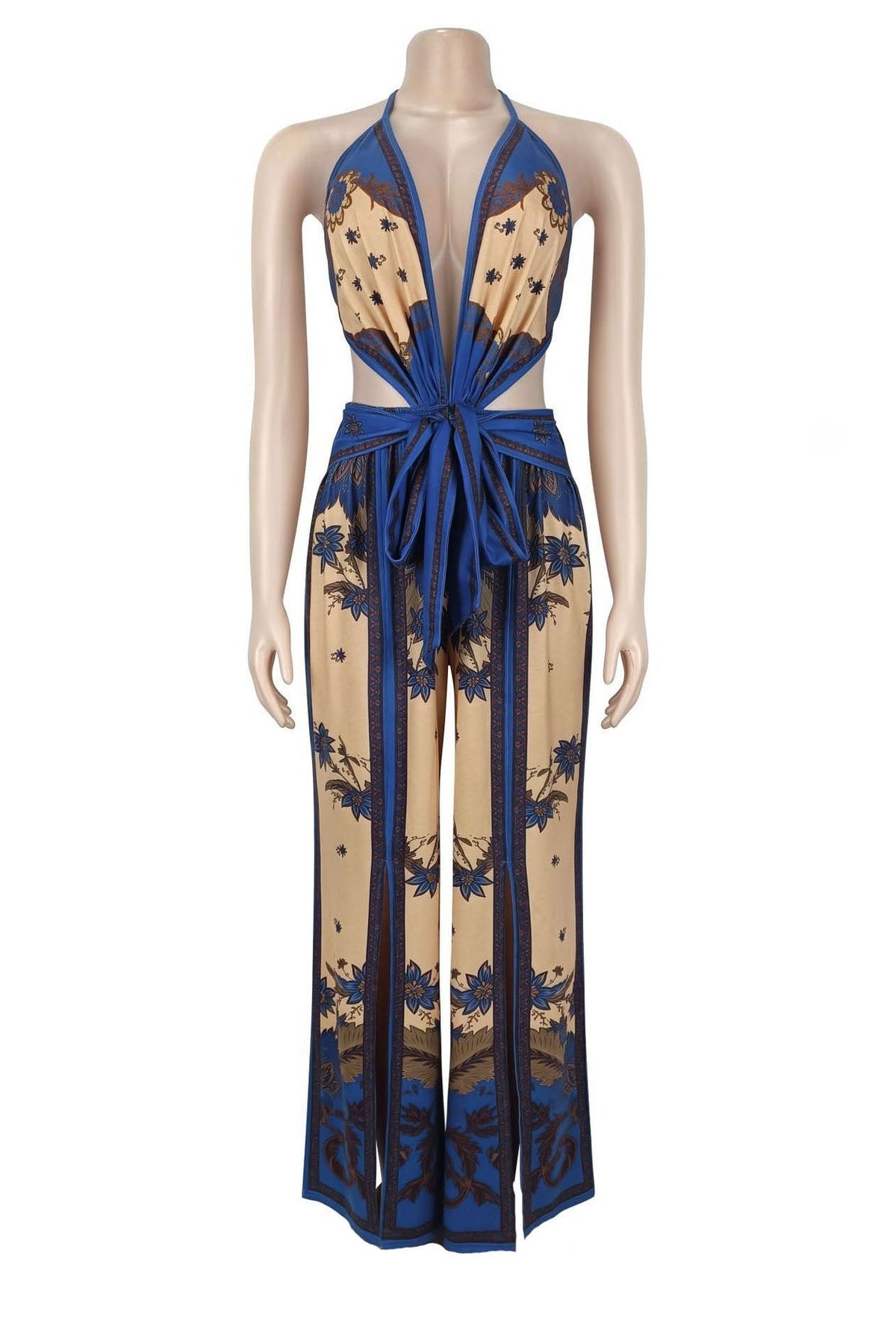 Ornate Print Halter Slit Wide Leg Jumpsuit Lavish Daily