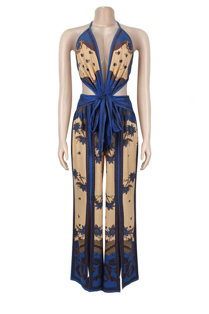 Ornate Print Halter Slit Wide Leg Jumpsuit Lavish Daily