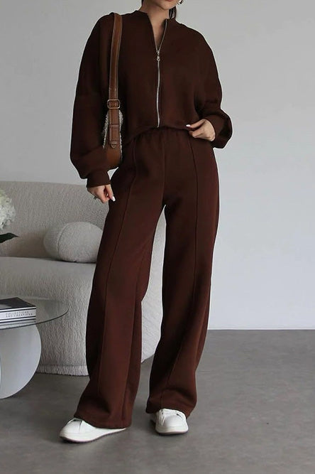 Baseball Collar Full Zip Drawstring Pants Set Lavish Daily
