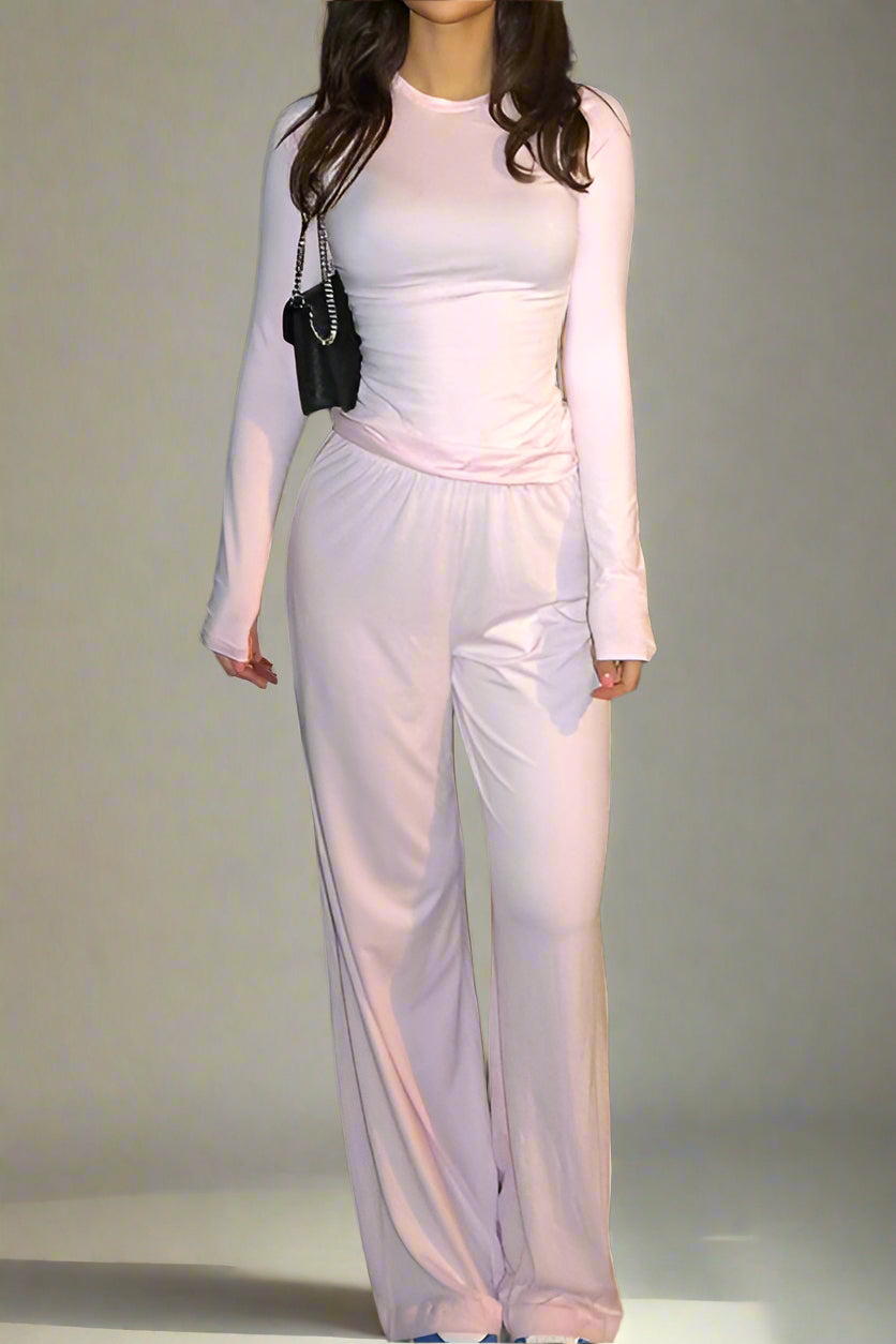 Solid Round-Neck Wide-Leg Lounge Set Lavish Daily