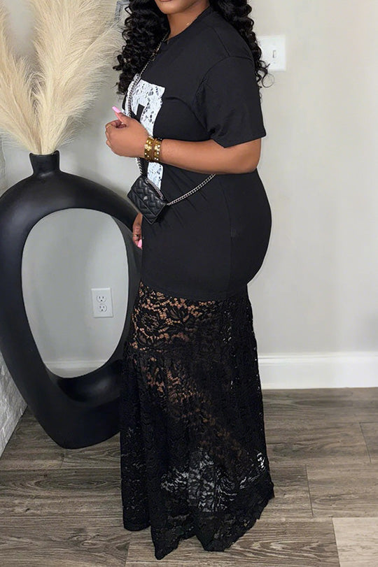 Round Neck Printed Lace Splice Maxi Dress Lavish Daily