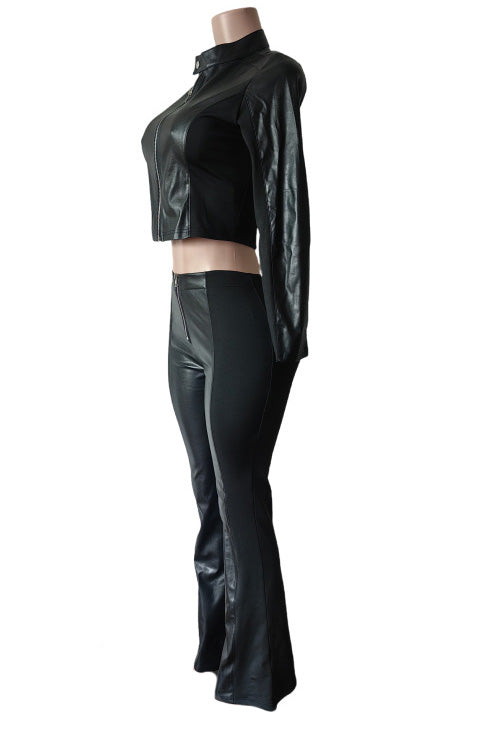 PU Leather Long Sleeve Top and Pants Set Lavish Daily
