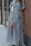 Ruffle Sleeve Plaid Button Maxi Shirt Dress LavishDaily