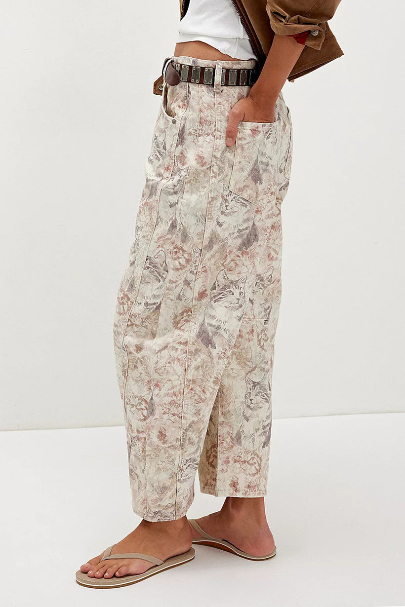 Vintage Cat Print Relaxed Barrel Leg Jeans Lavish Daily