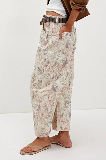 Vintage Cat Print Relaxed Barrel Leg Jeans Lavish Daily
