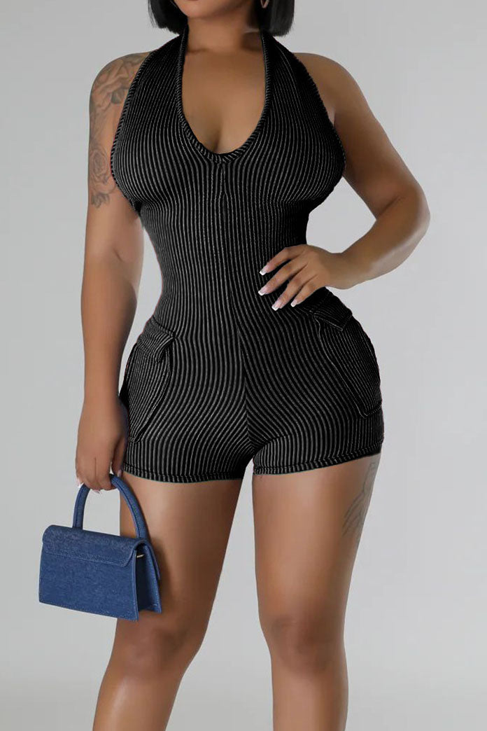 Halter Neck Pocket Slim-Fit Backless Rompers Lavish Daily