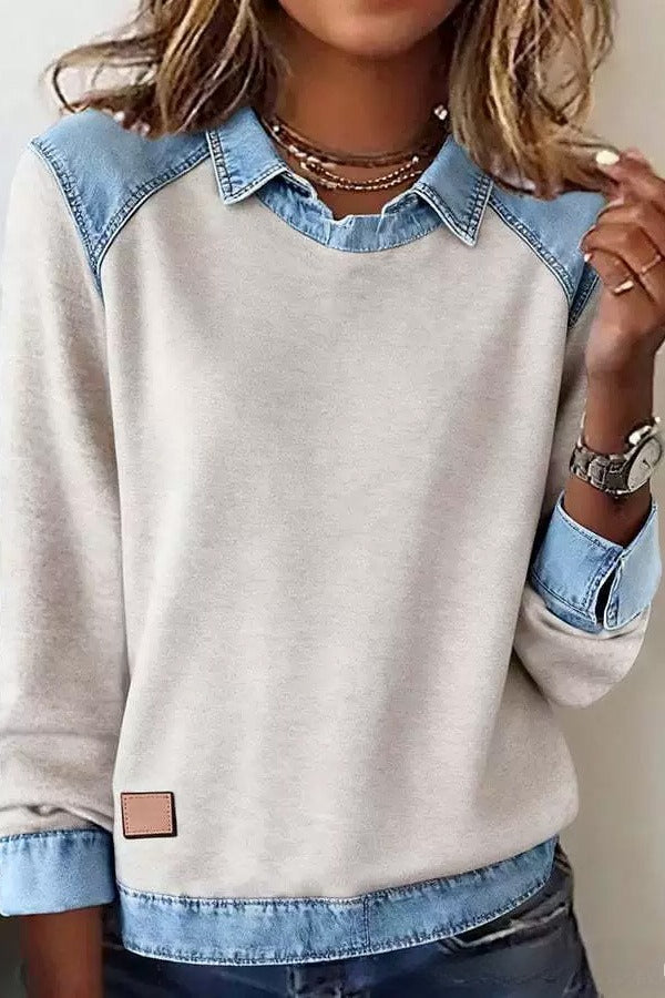 Denim Collar Long Sleeve Knit Pullover Top Lavish Daily