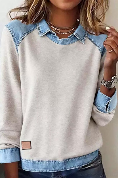 Denim Collar Long Sleeve Knit Pullover Top Lavish Daily