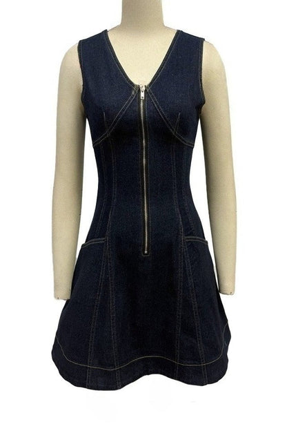 Zip Front Denim Mini Dress Slim Fit Flare Lavish Daily