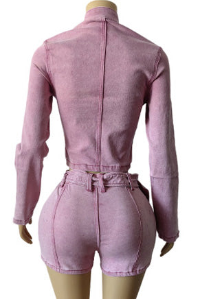 Washed Denim Zip Up Top & Shorts Set Lavish Daily