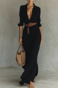 Lapel Buttoned Waist Maxi Dress Lavish Daily