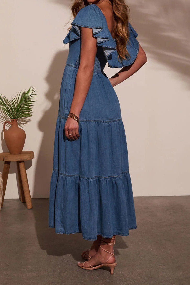 Off Shoulder Ruffle Tiered Denim Dress Lavish Daily