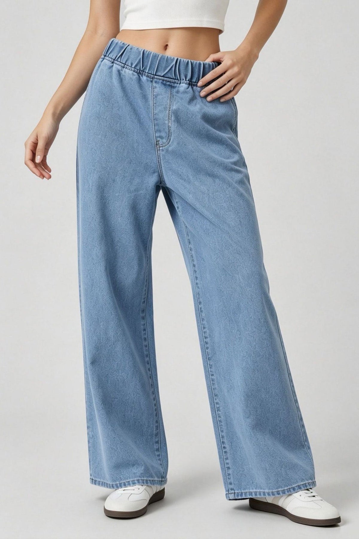Elastic Waist Non-Stretch Wide Leg Jeans Lavish Daily