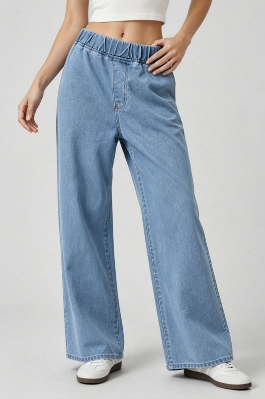 Elastic Waist Non-Stretch Wide Leg Jeans Lavish Daily