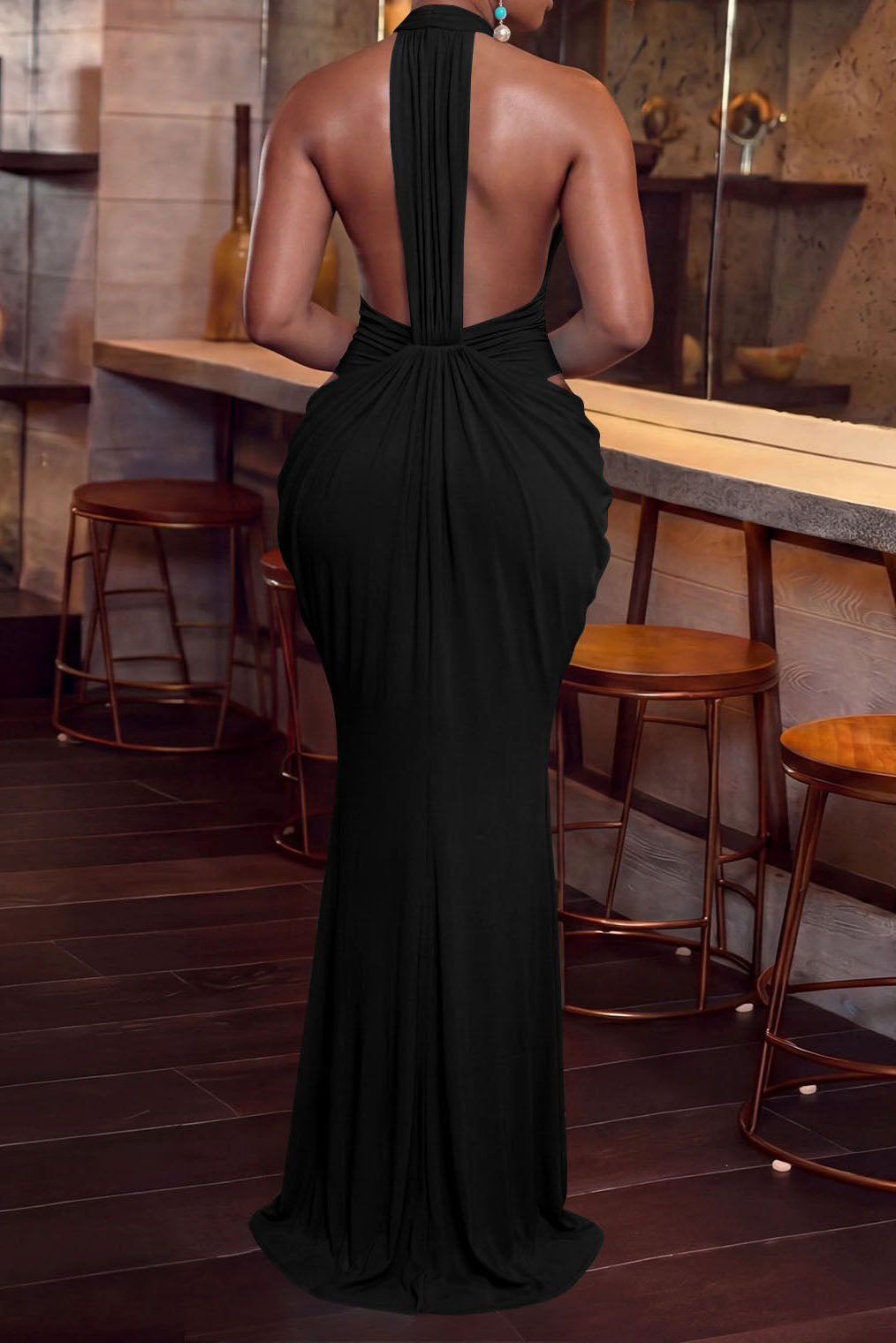 Plunging Halter Beaded Cutout Maxi Dress Lavish Daily