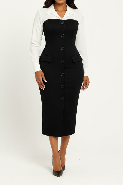 Long Sleeve Blazer Collar Pencil Skirt Dress Lavish Daily