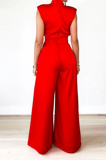 Sleeveless Mock Neck Pleated Wide Leg Jumpsuit Lavish Daily