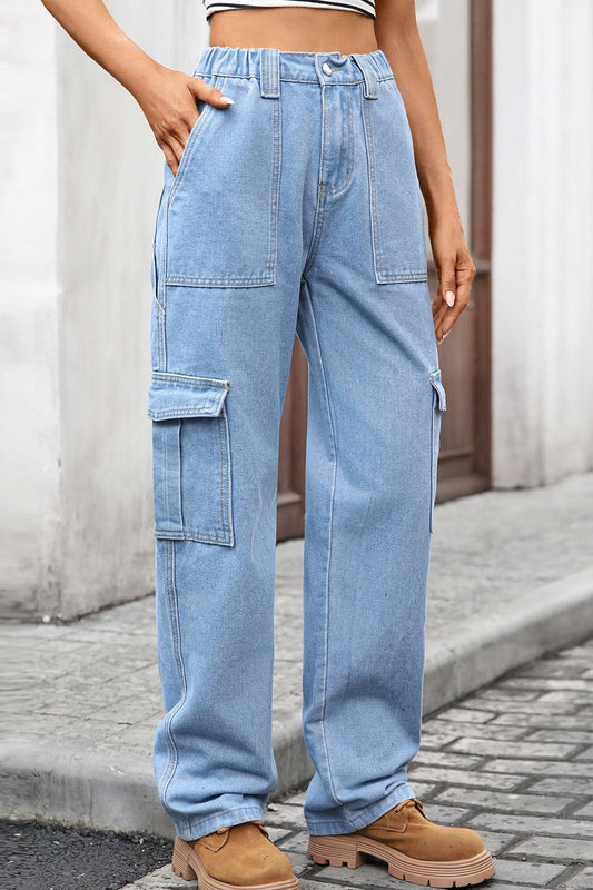 High Waist Elastic Baggy Cargo Jeans LavishDaily