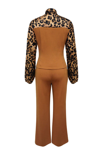 Leopard Print Tie-Neck Tailored Top & Wide Leg Pant Set Lavish Daily