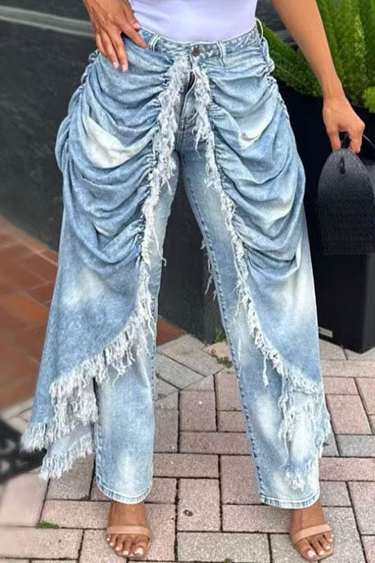 Draped Frayed Overlay Denim Jeans Lavish Daily