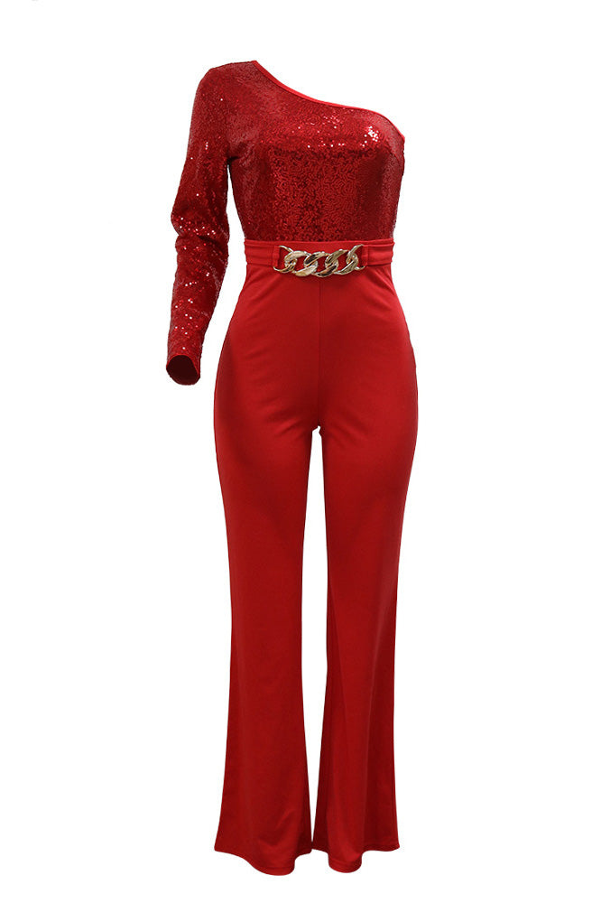 One Shoulder Sequin Wide Leg Jumpsuit Lavish Daily