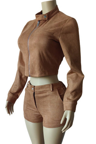 Long Sleeve Stretch Suede Shorts Set Lavish Daily