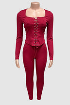 Solid Lace-Up Top & Pants Set Lavish Daily