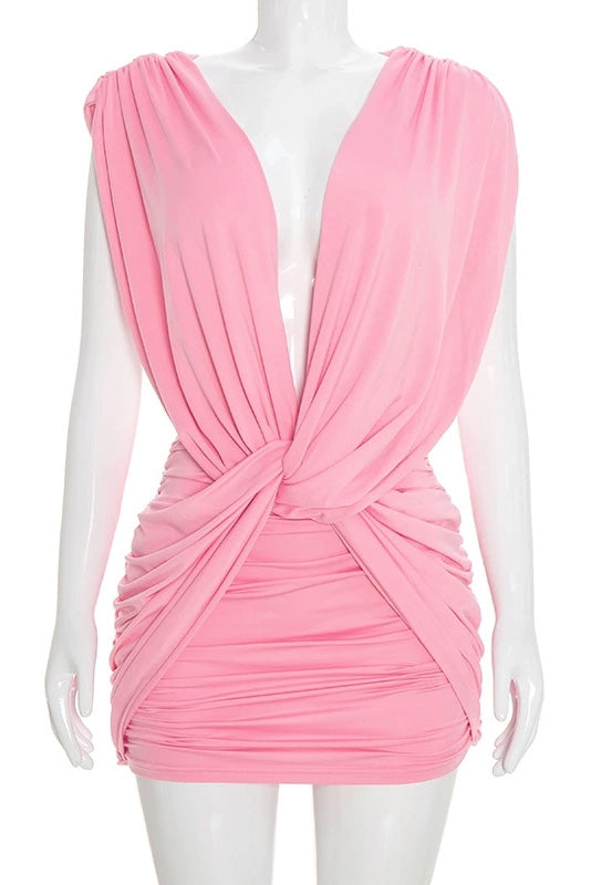 Plunging Twist Front Backless Mini Dress Lavish Daily