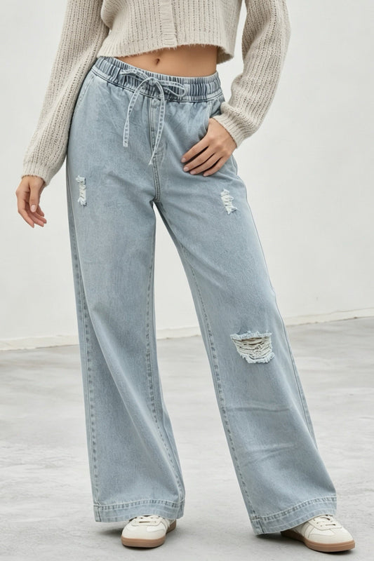 Elastic Waist Non-Stretch Ripped Wide Leg Jeans Lavish Daily