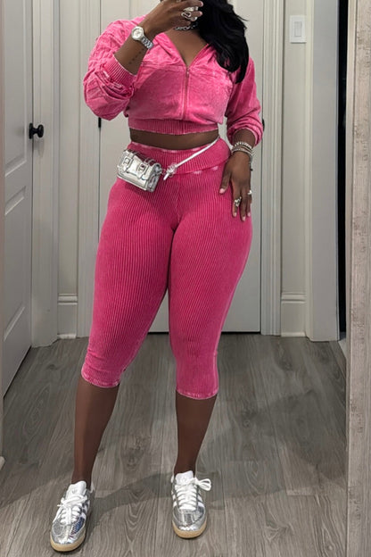 Washed Hoodie & Ribbed Capri Leggings Set Lavish Daily
