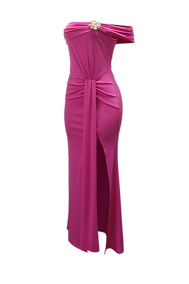 Off-Shoulder Draped Slit Maxi Dress Lavish Daily