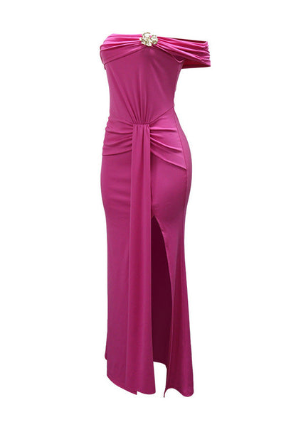 Off-Shoulder Draped Slit Maxi Dress Lavish Daily