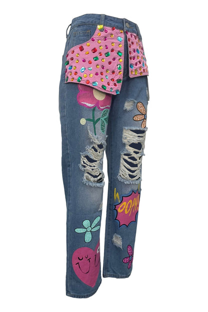 Embroidered Rhinestone Ripped Jeans Lavish Daily