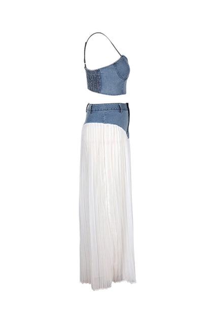 Denim Corset & Pleated Chiffon Pants Set Lavish Daily