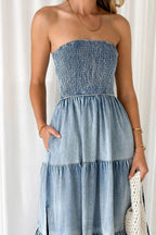 Strapless Side Slit Layered Denim Dress Lavish Daily