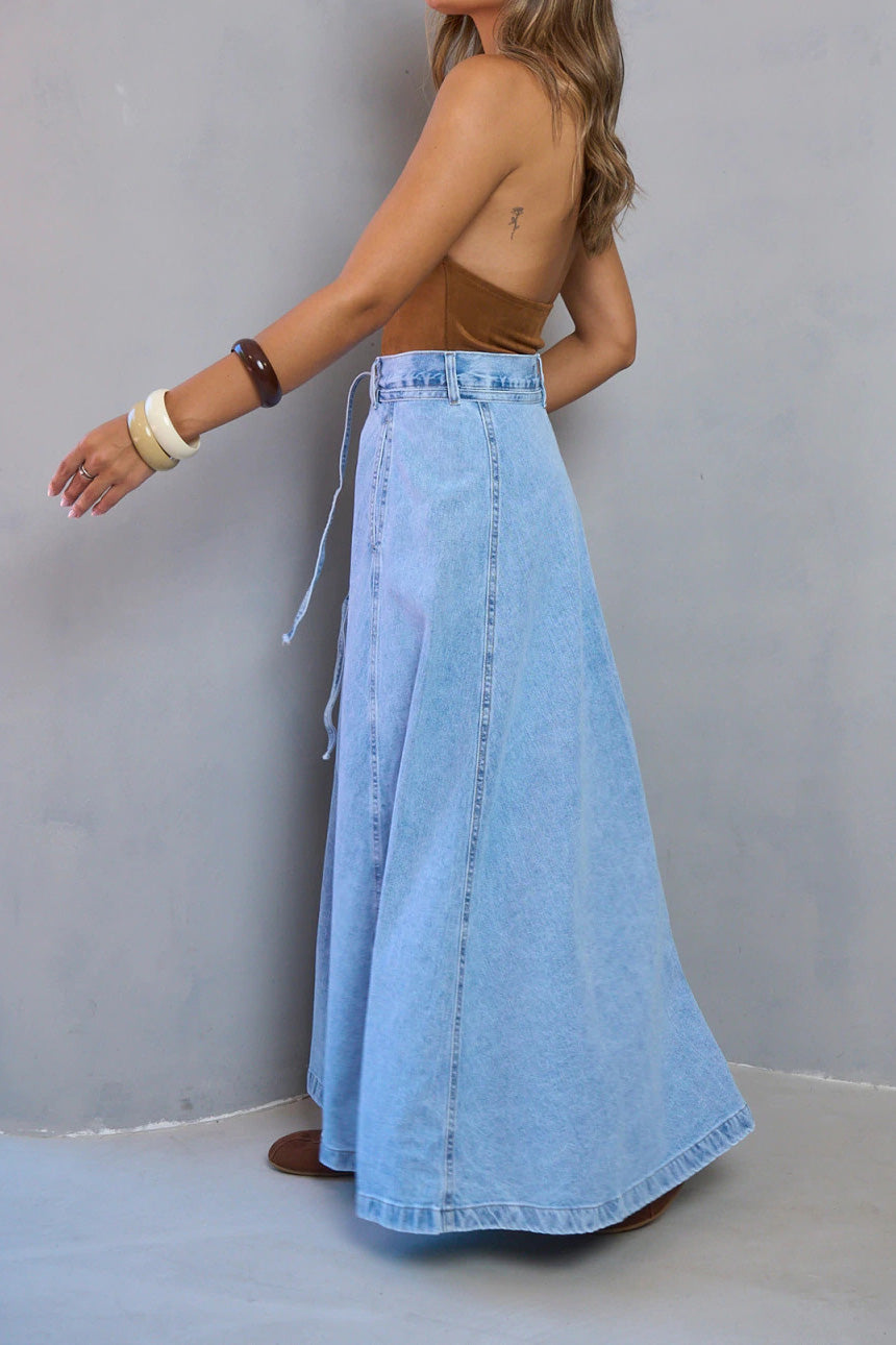 Belted High Waist A-Line Denim Maxi Skirt Lavish Daily