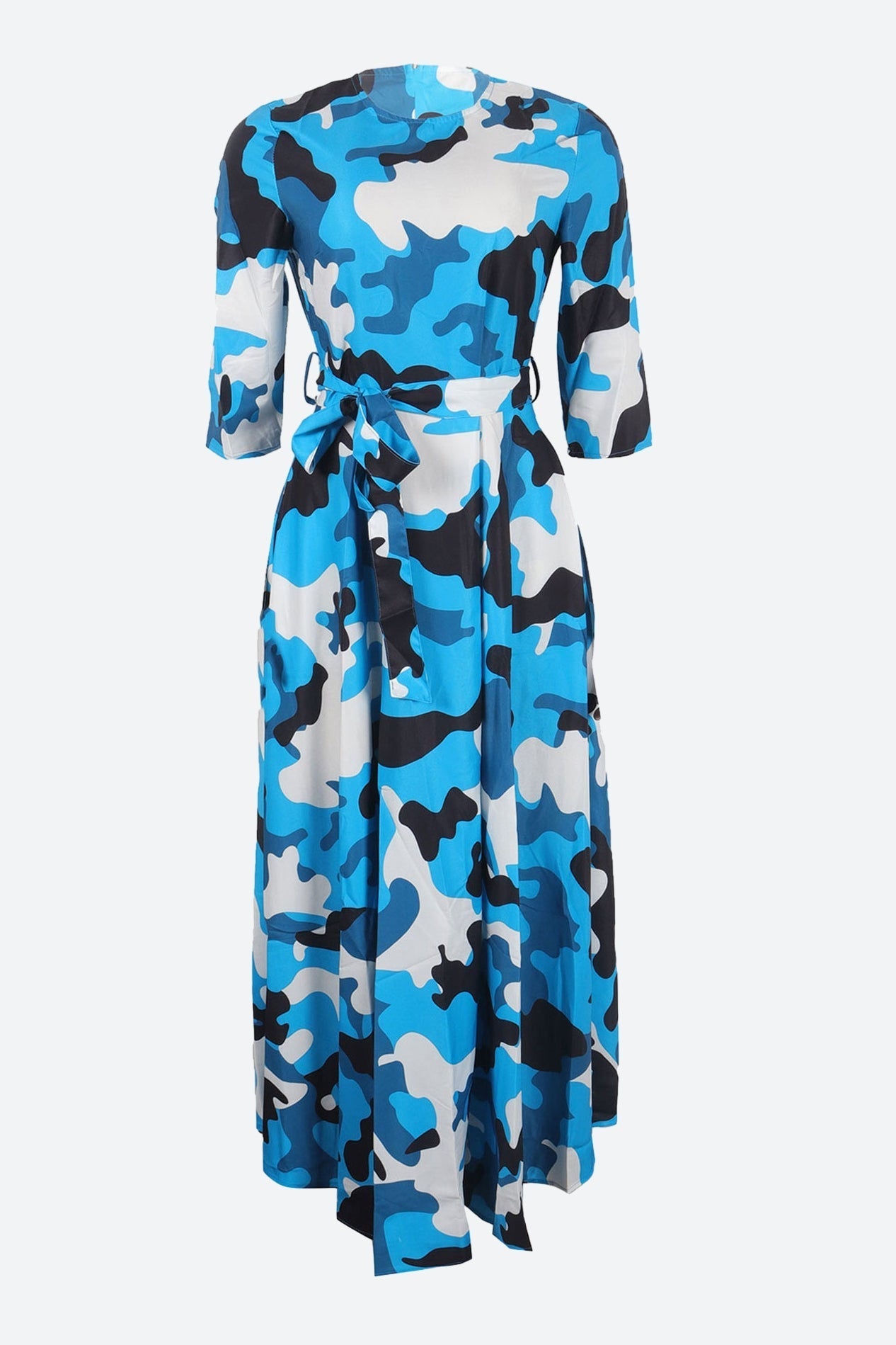 Print Crew Neck Half Sleeve Belted Dress Lavish Daily