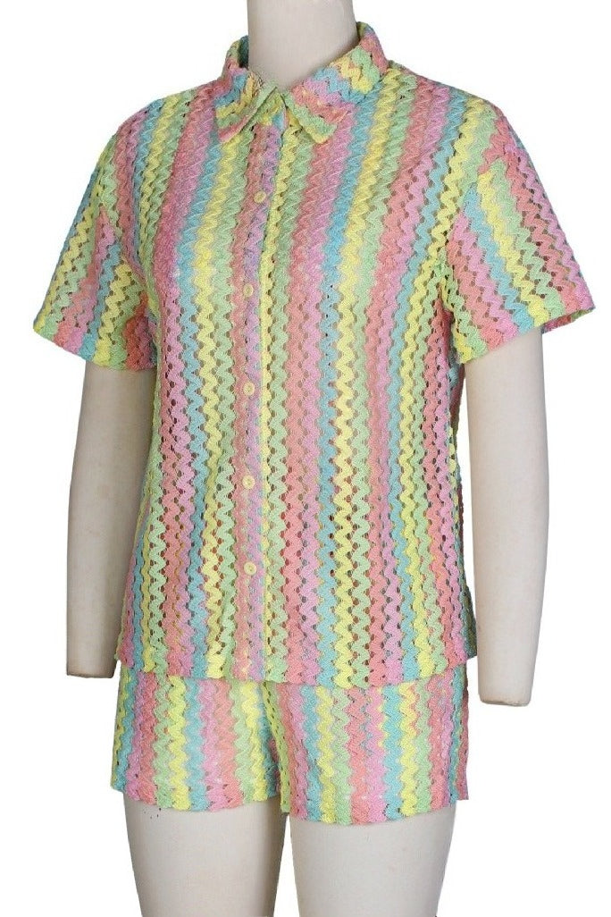 Crochet Chevron Short Sleeve Button-Down & Shorts Set Lavish Daily