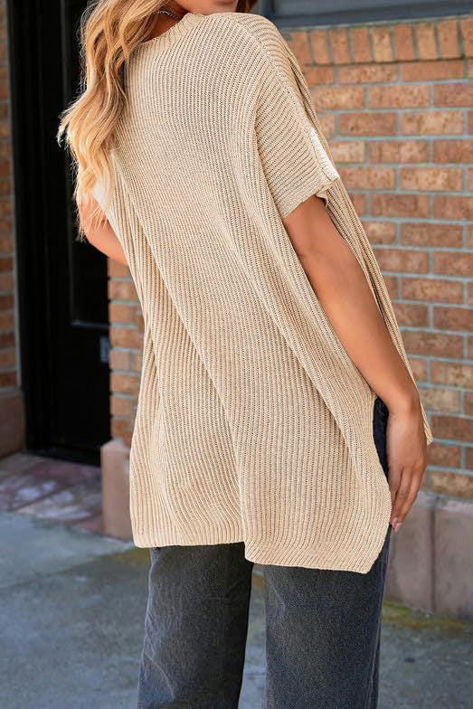 Short Sleeve Side Slit Oversized Sweater Lavish Daily