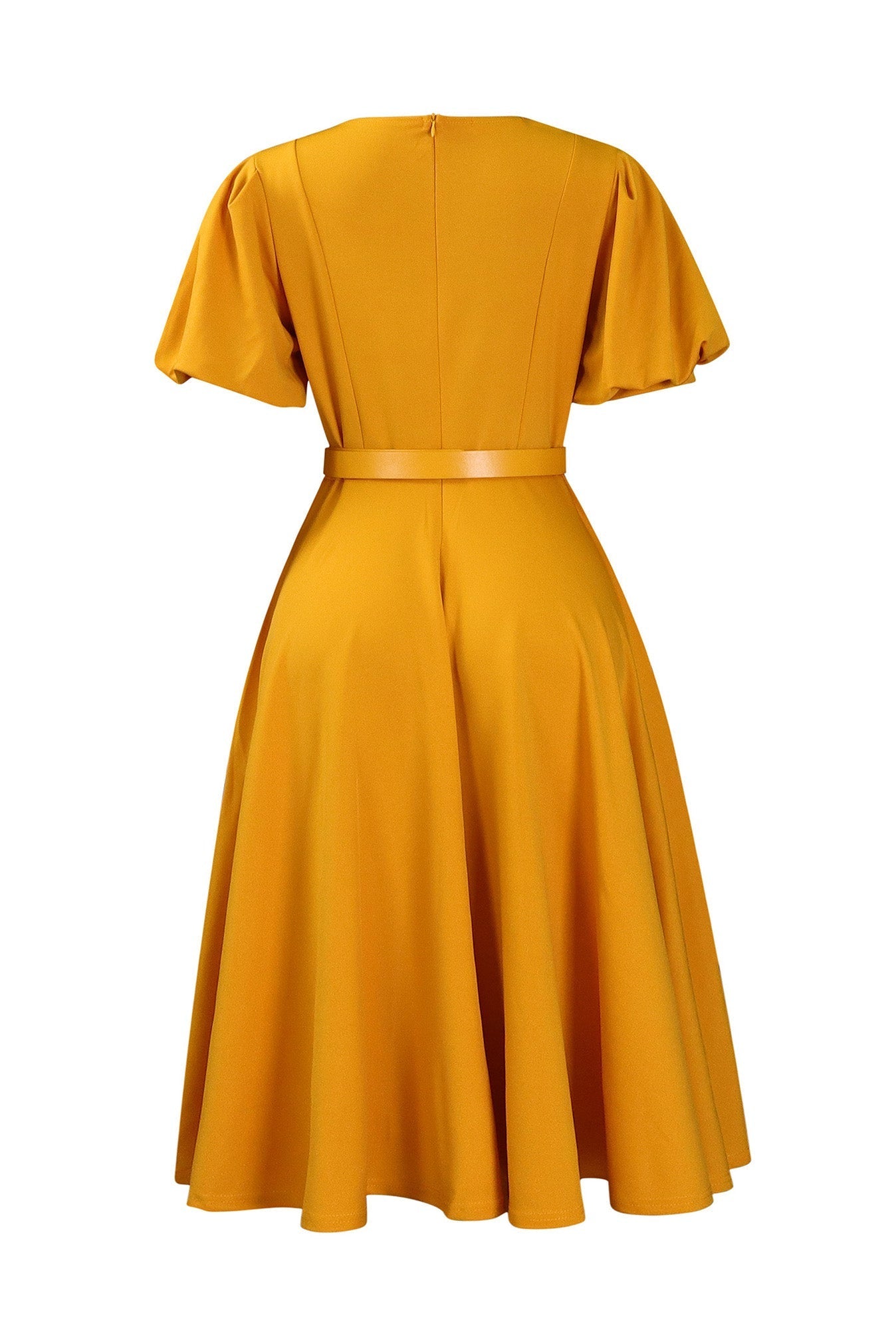 Puff-Sleeve Belted A-Line Midi Dress Lavish Daily