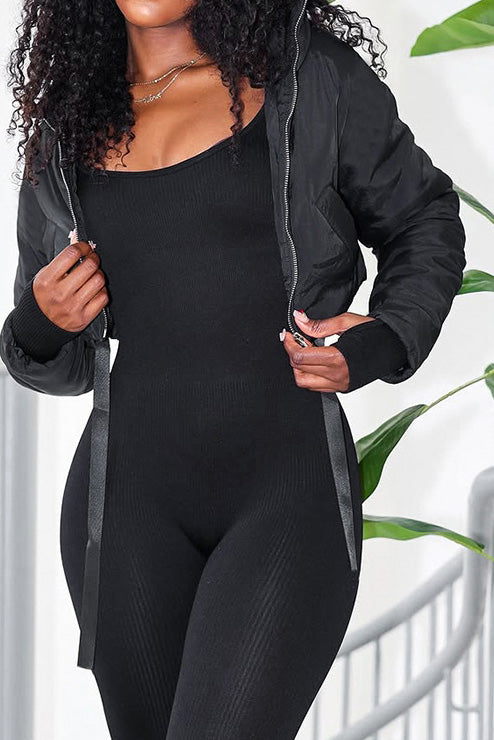 Solid Zip-Up Fitted Cotton Puffer Jacket Lavish Daily