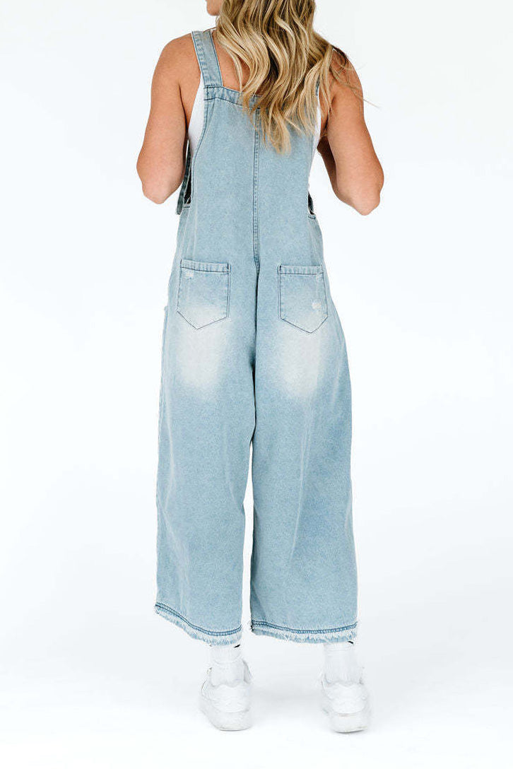Loose Fit Distressed Denim Overalls Lavish Daily