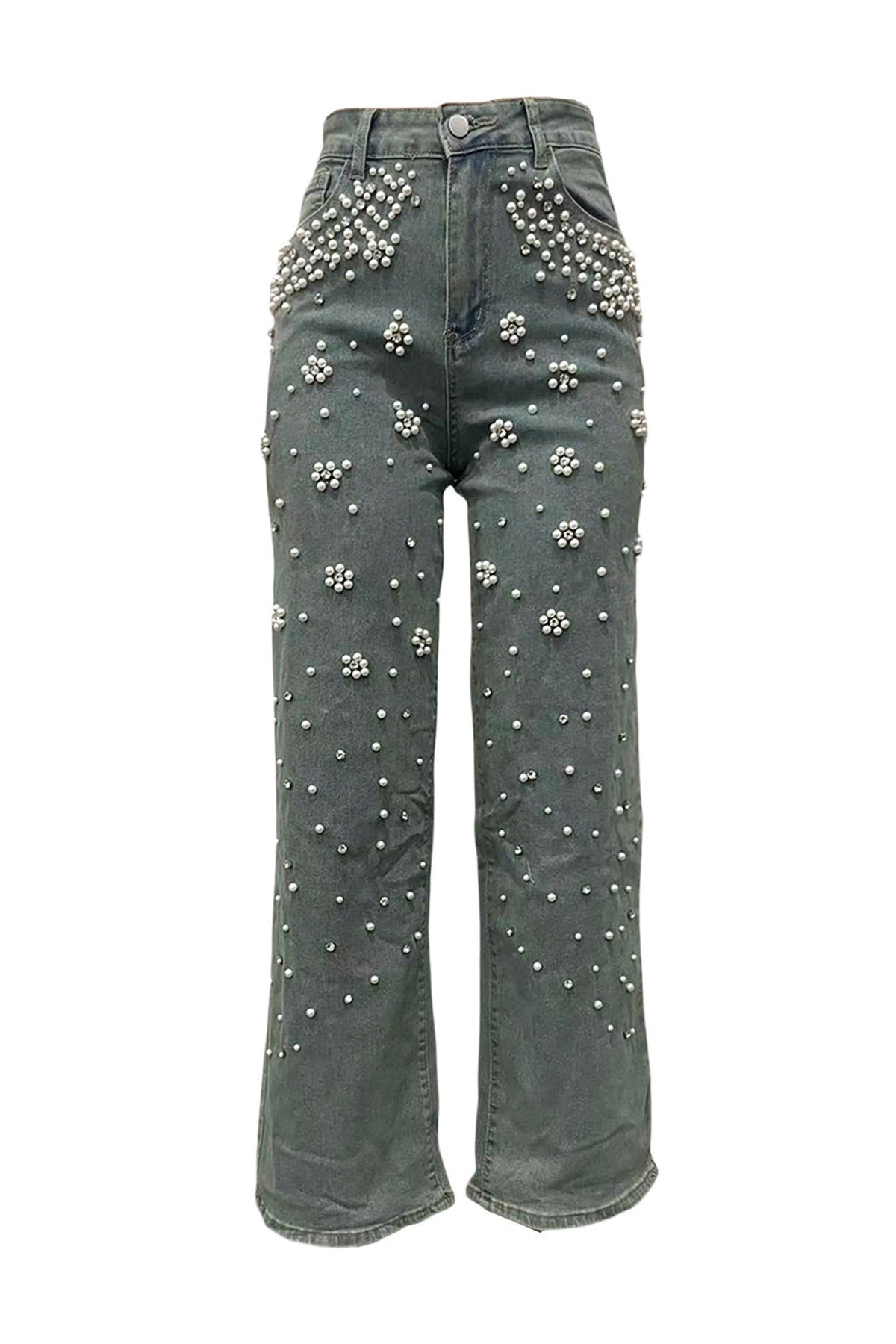 Pearl & Rhinestone Embellished Wide Leg Jeans LavishDaily
