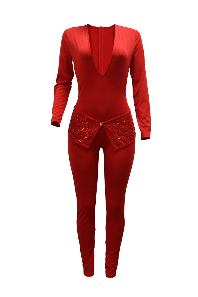 V-Neck Rhinestone Jumpsuit Lavish Daily