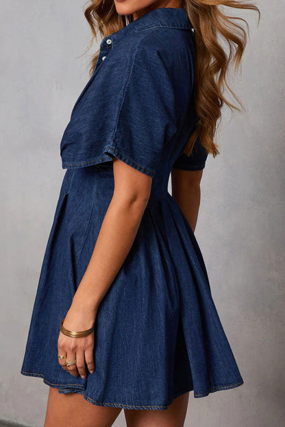 Dark Wash Pleated Waist Denim Mini Dress Lavish Daily