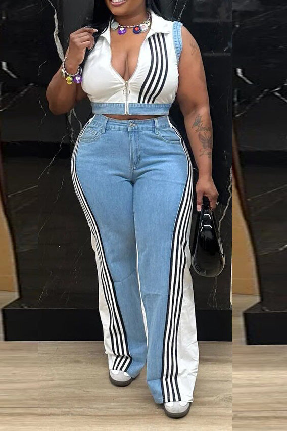 Striped Cropped Top Denim Pant Sets Lavish Daily