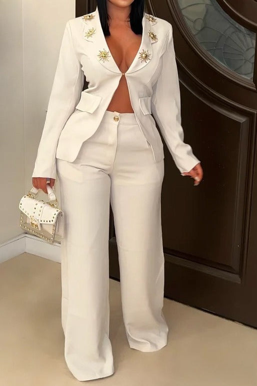 Elegant Lapel Blazer & Pants Set Lavish Daily